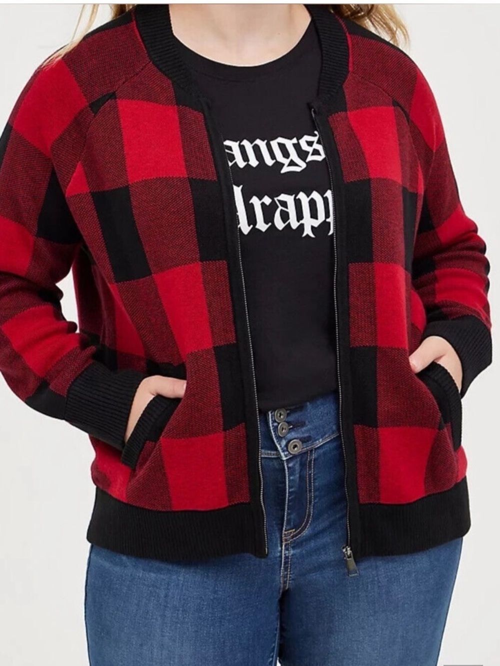 Torrid Buffalo Plaid Grunge Lumberjack Zip Bomber Sweater Jacket Size 00